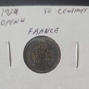 Antique 1924 French 50 Centimes coin intricate design and historical